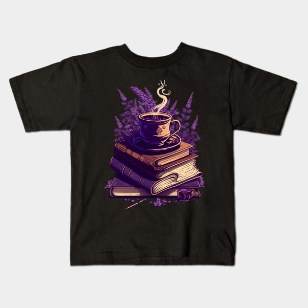 Lavender Books Stack Kids T-Shirt by UnrealArtDude